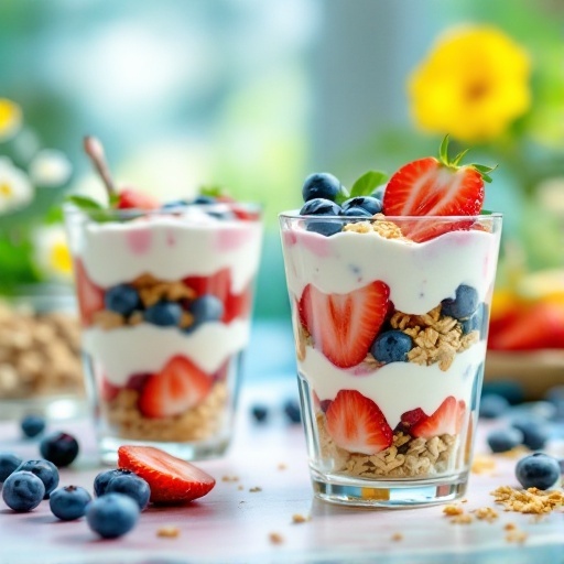 Fruit and yogurt parfaits in clear cups with layers of yogurt, fruits, and granola.