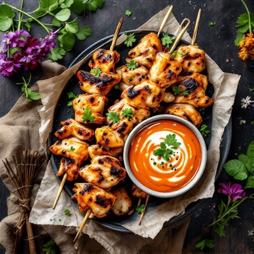 Delicious Herbed Chicken Skewers with a creamy dipping sauce