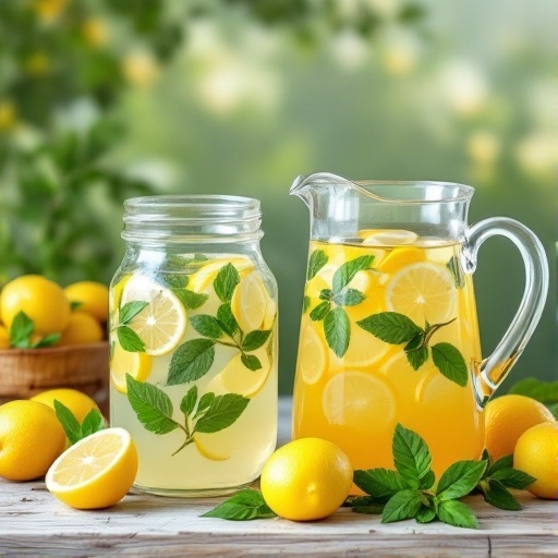 A refreshing lemonade and iced tea station with garnishes.