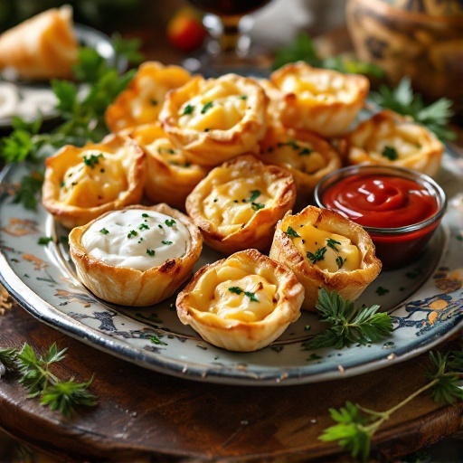 Savory puff pastry bites on a decorative plate, served with dips.