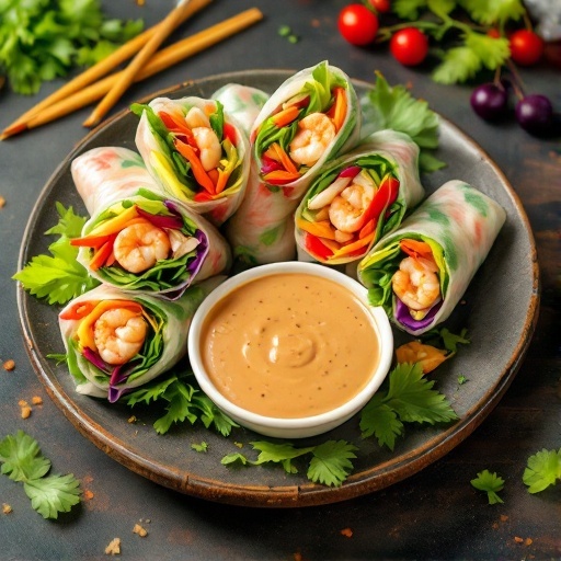 A colorful platter of spring rolls with shrimp and vegetables, served with peanut sauce.