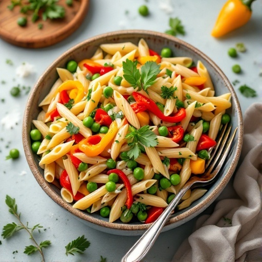 A colorful bowl of Spring Vegetable Pasta Salad with fresh vegetables.