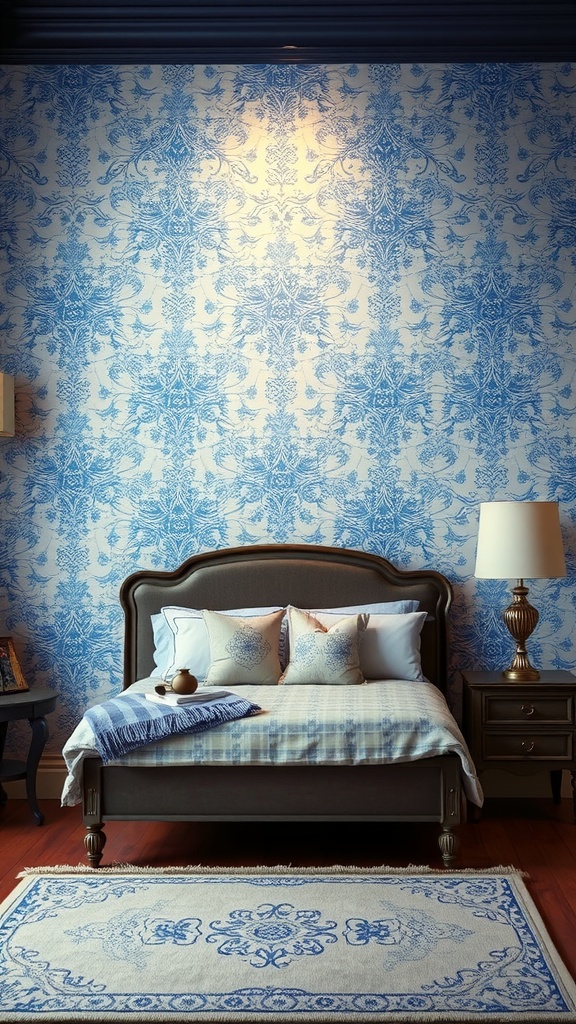 A cozy bedroom featuring an accent wall with blue floral wallpaper, a dark bed frame, soft blue bedding, and a matching rug.