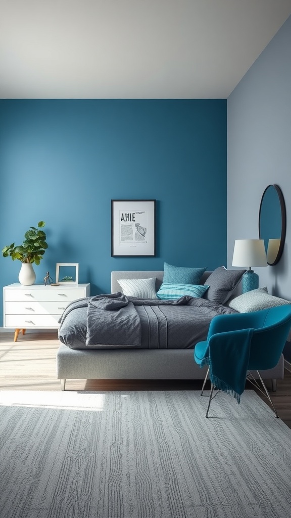 A cozy bedroom featuring a blue and gray color scheme, with a deep blue wall, gray bedding, and stylish furniture.