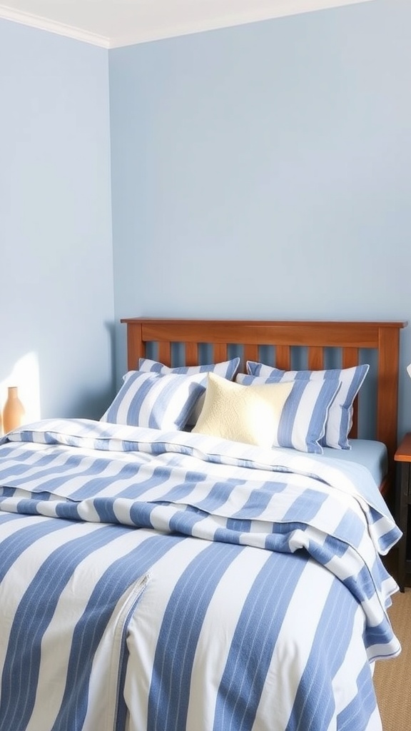 Blue and white striped bedding on a bed with a light blue wall