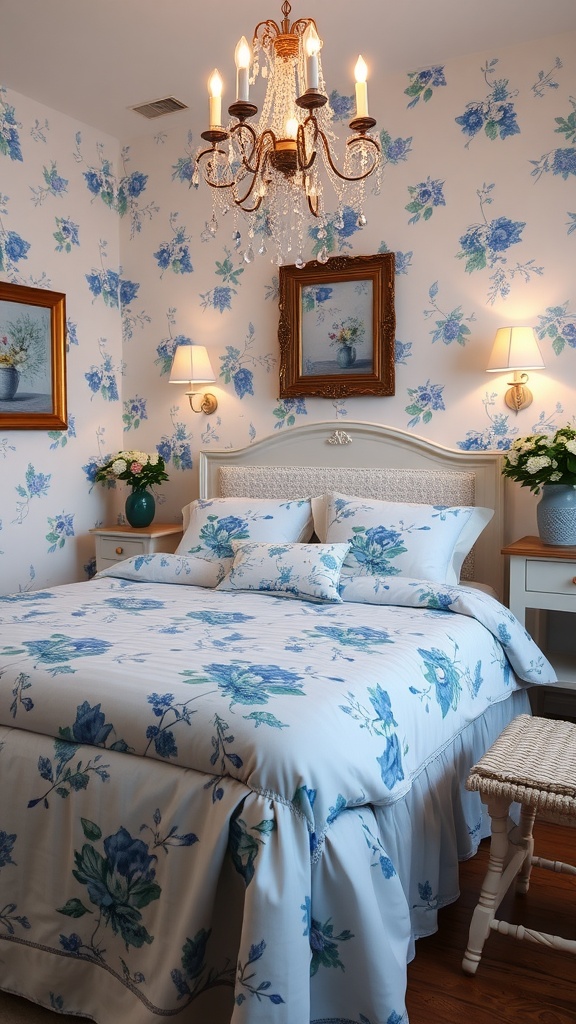 A cozy blue bedroom featuring floral bedding and elegant decor.