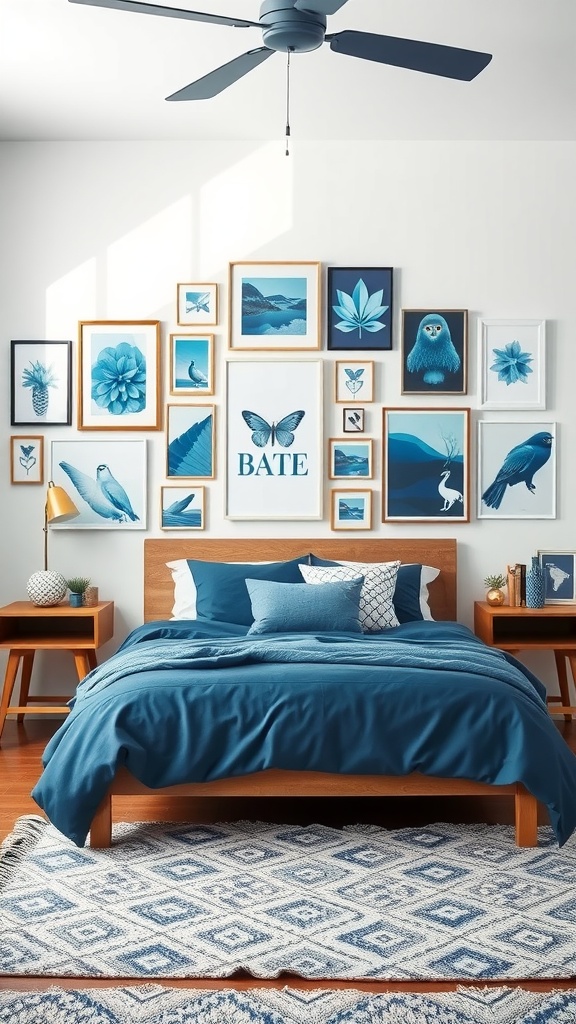 A blue gallery wall with various framed artworks in shades of blue above a blue bedspread.