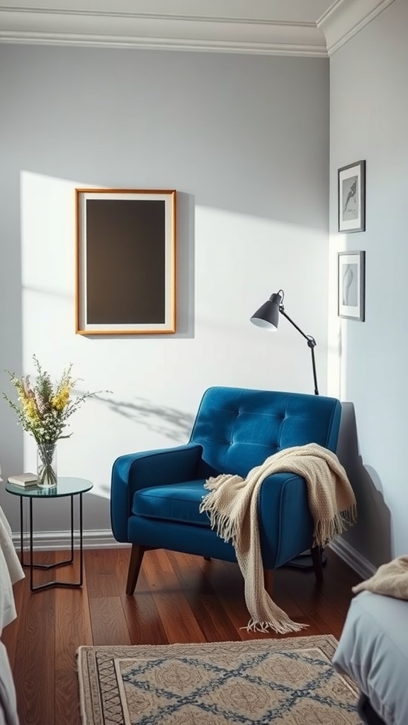 A cozy blue statement chair with a throw, next to a side table with flowers in a blue bedroom.