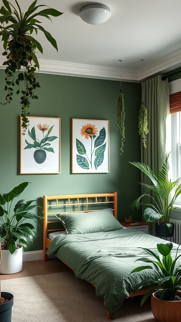 A cozy green bedroom featuring botanical wall art, plants, and a wooden bed frame.