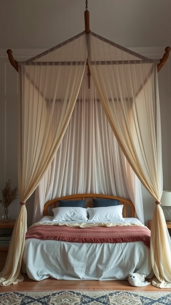 A cozy canopy bed with sheer curtains, a wooden frame, and soft pillows, creating a dreamy bedroom retreat.