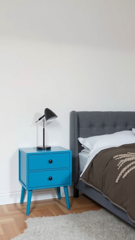 A stylish blue nightstand with two drawers next to a gray tufted bed, featuring a black lamp on top.