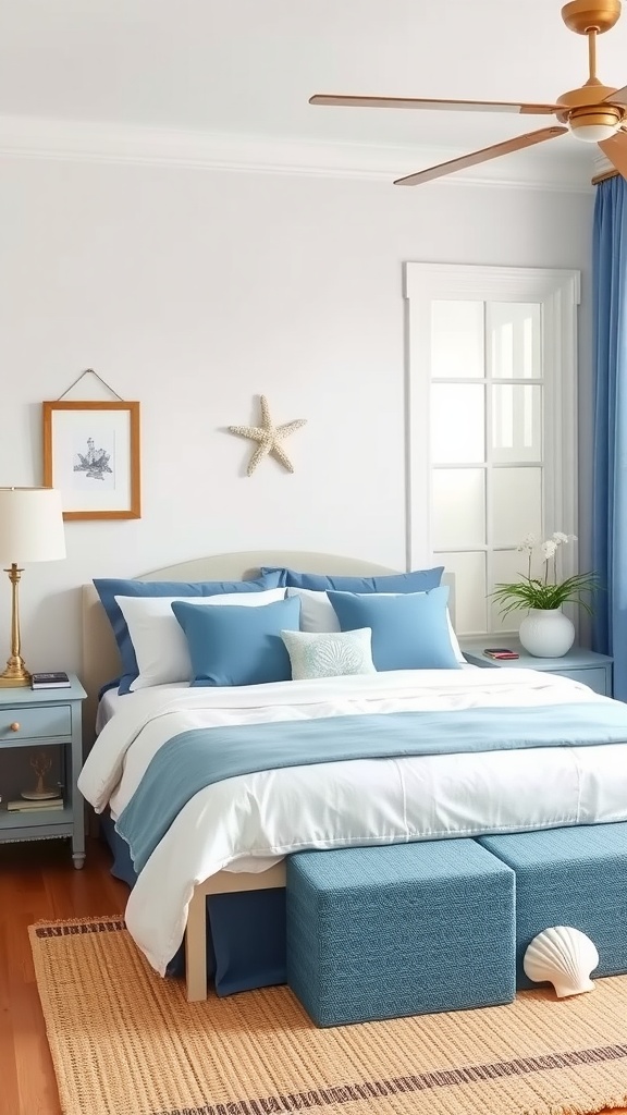 A cozy coastal-themed blue bedroom featuring various blue accessories and natural decor elements.