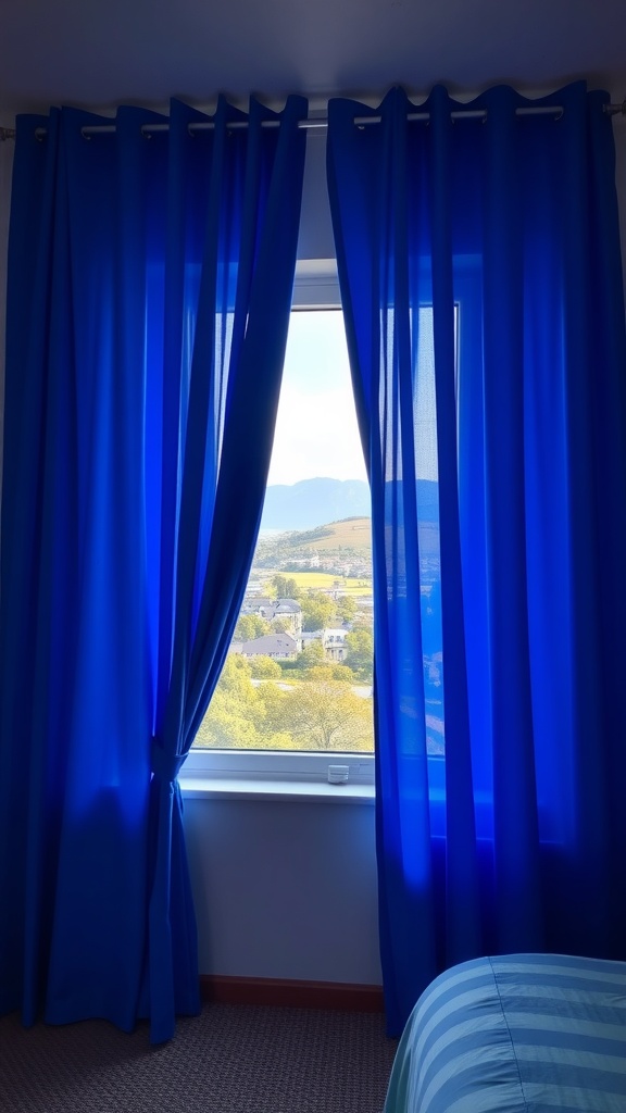 Cobalt blue curtains framing a window with a view of a landscape.