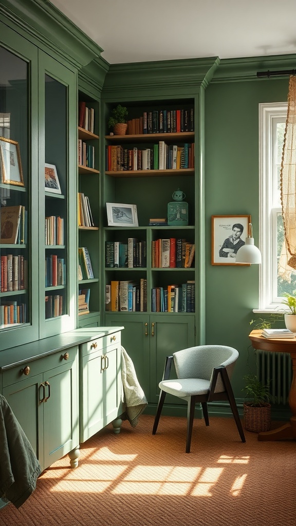 Cozy reading nook in a green bedroom featuring bookshelves, a comfortable chair, and warm lighting