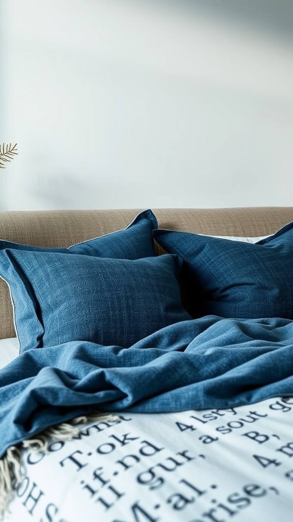 Cozy bed with denim textured pillows and blanket in a blue bedroom setting