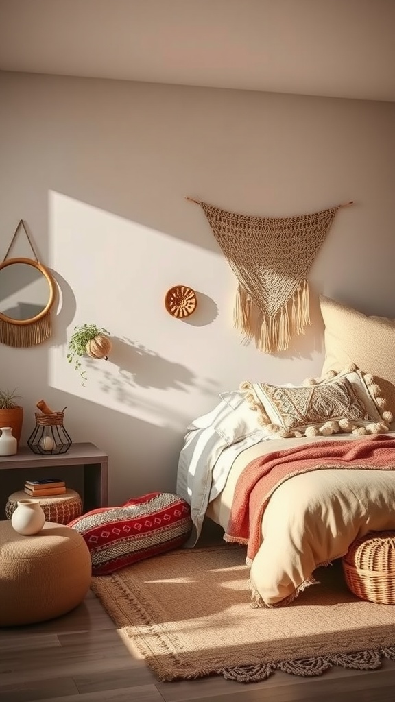 A boho bedroom featuring earthy color palettes with warm tones, natural materials, and cozy textiles.