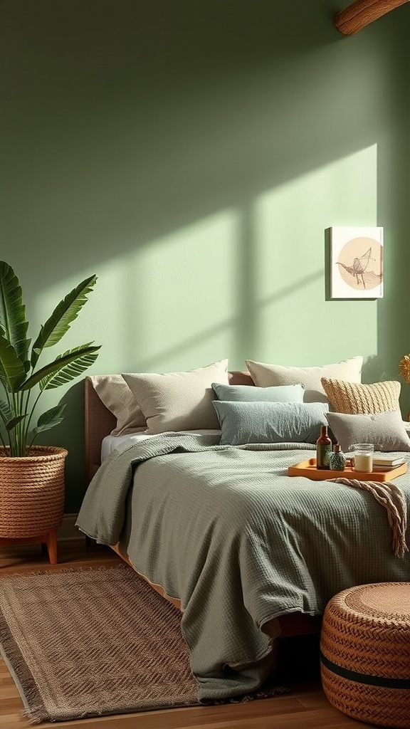 A cozy bedroom featuring earthy green walls, soft bedding, and natural textures.