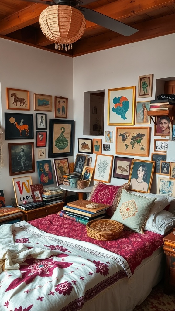 A cozy boho bedroom featuring eclectic artwork on the walls and a vibrant bedspread.