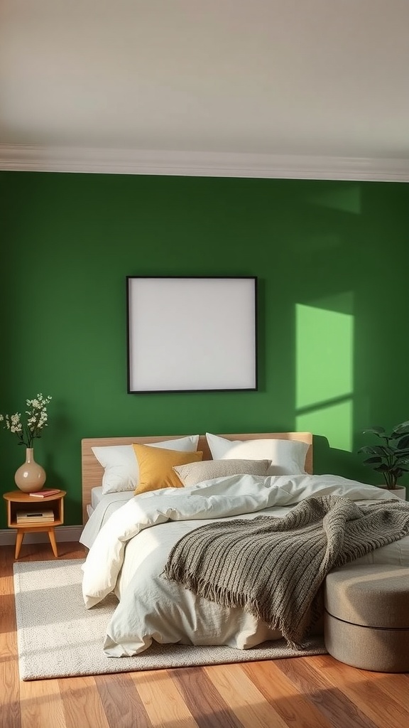 A cozy bedroom featuring a green accent wall, wooden bed, and warm bedding.