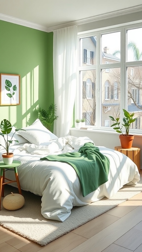 A cozy bedroom featuring green walls, white bedding, and potted plants.