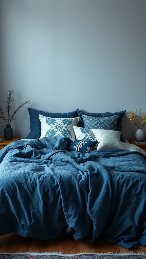 Cozy blue bedroom featuring an indigo bedspread with decorative pillows