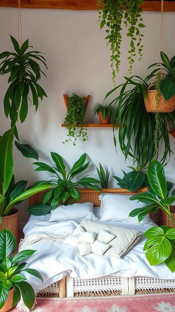 A cozy boho bedroom featuring a bed surrounded by various indoor plants, creating a fresh and lively atmosphere.
