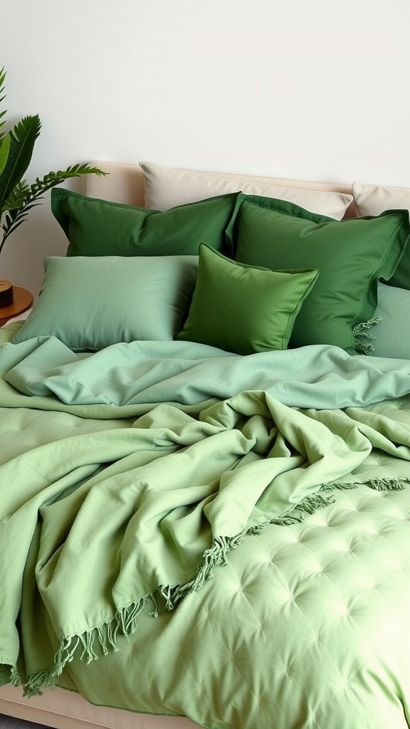 A cozy bed featuring layered green bedding with various shades and textures