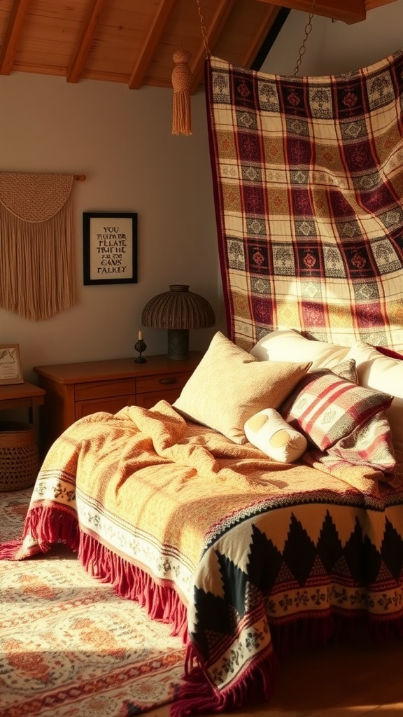 Cozy Boho bedroom with layered textiles and warm colors