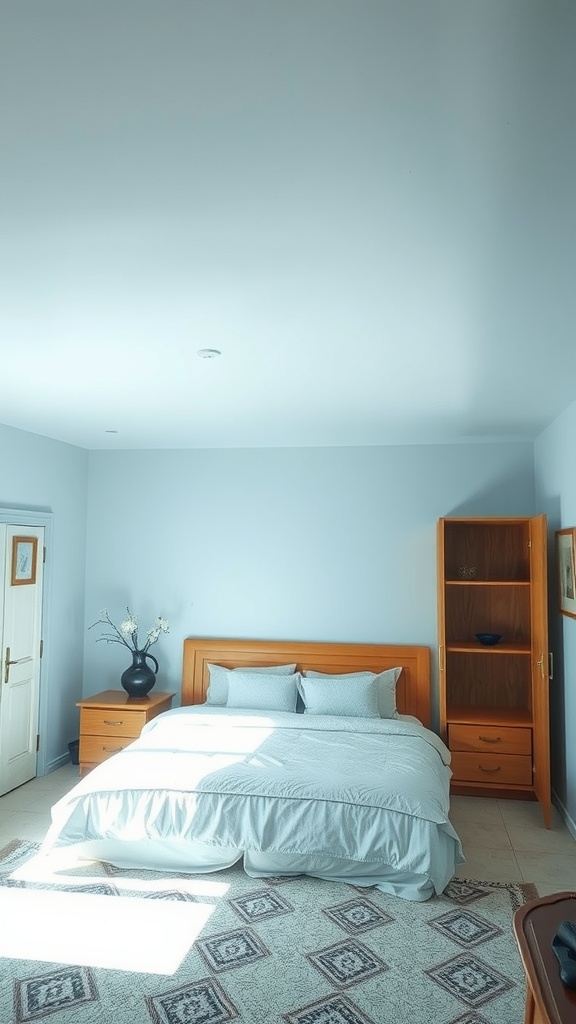 Bright bedroom with a light blue ceiling and wooden furniture