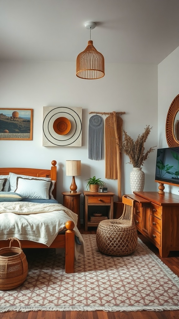 A cozy boho bedroom featuring natural wood accents in the furniture, warm lighting, and woven decor.