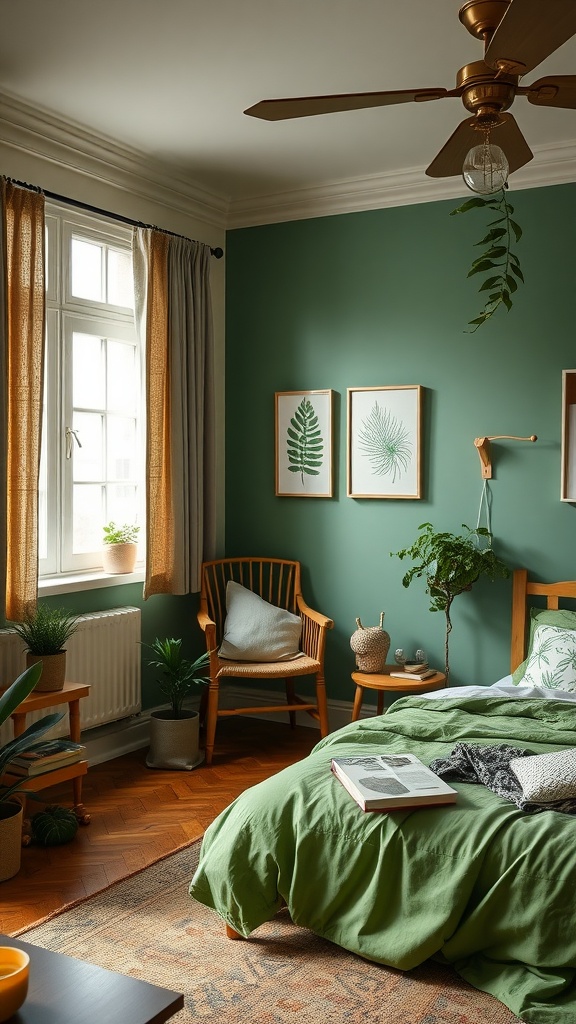 A cozy green bedroom featuring nature-inspired accessories, with botanical prints on the wall, plants, and warm lighting.