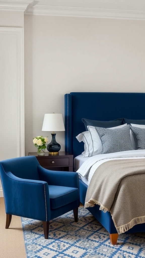 Cozy navy blue bedroom with navy accent chair and bed frame, showcasing a stylish decor.