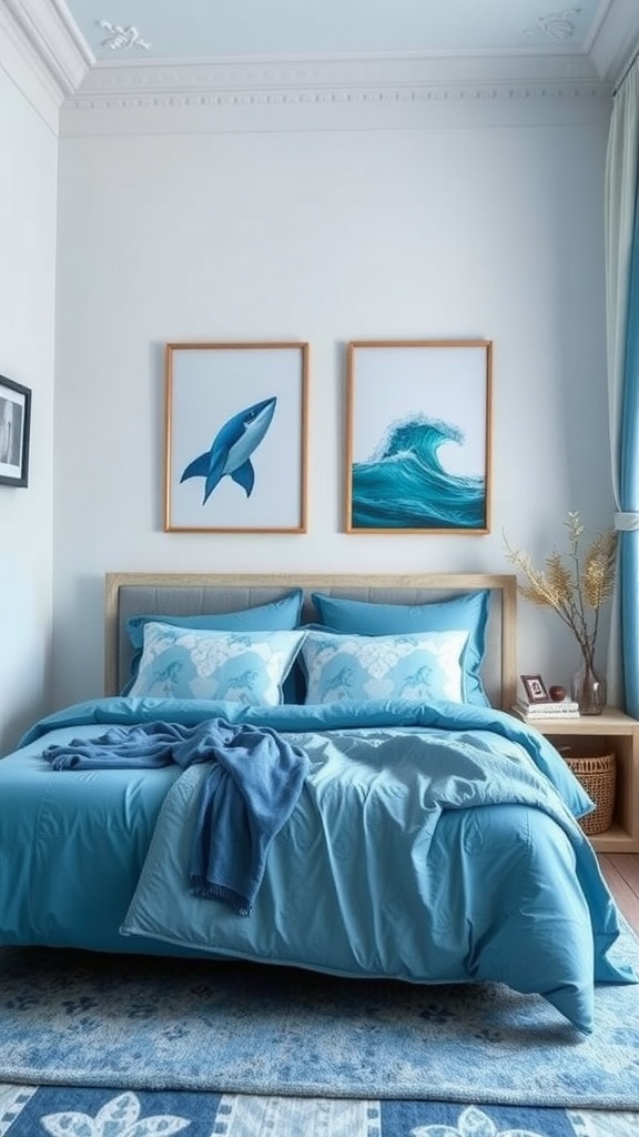 Ocean-inspired blue bedroom with shark and wave artwork