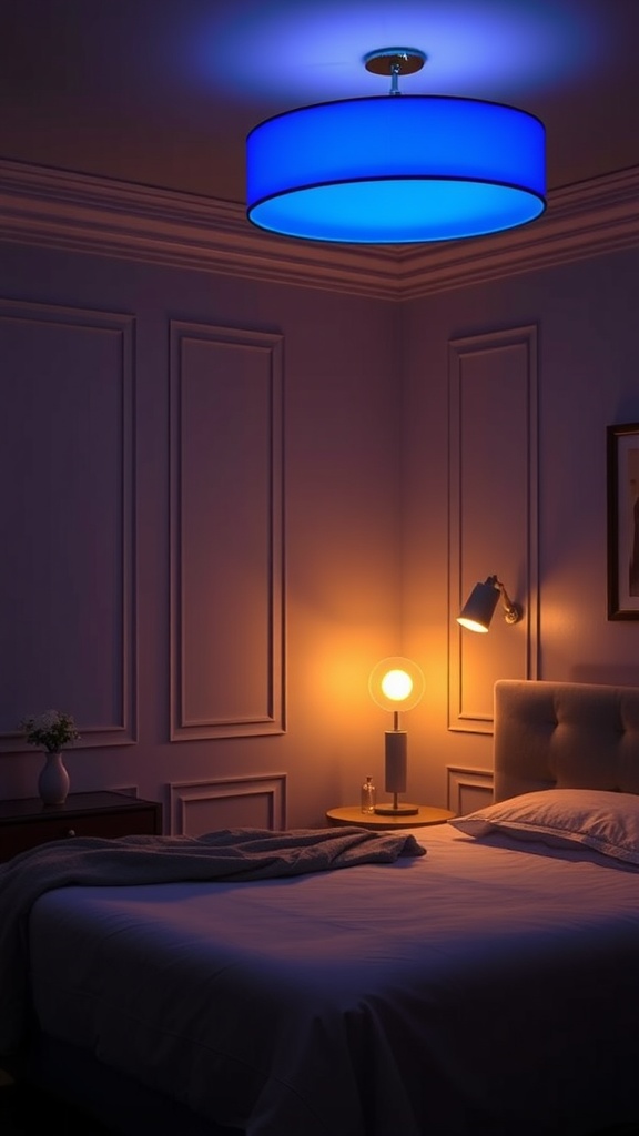 A bedroom with sapphire blue ceiling light and warm bedside lamp.