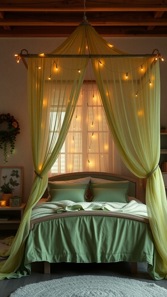 A cozy green canopy bed with soft drapes and warm lights, creating a serene bedroom atmosphere