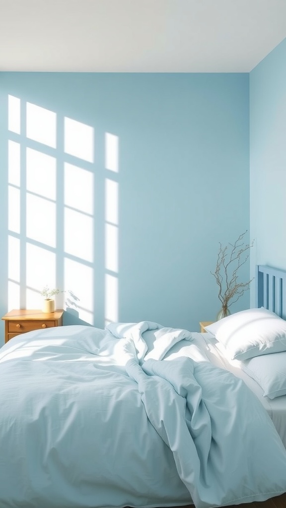 A serene bedroom with sky blue walls, white bedding, and natural light.