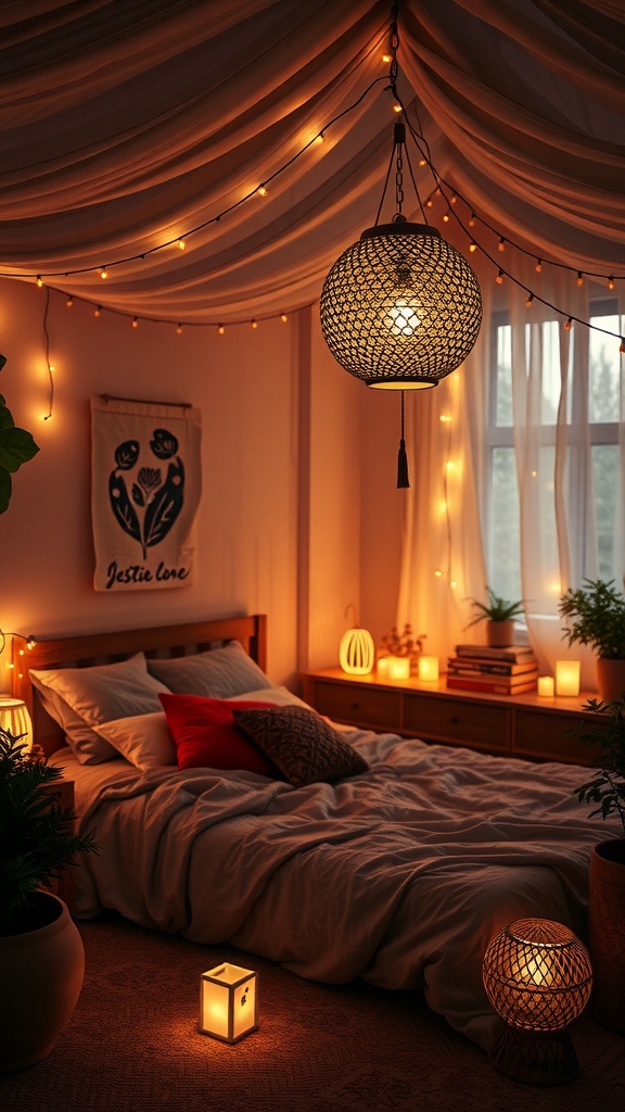 A cozy boho bedroom with soft ambient lighting, featuring a hanging lamp, string lights, and candles, creating a warm atmosphere.