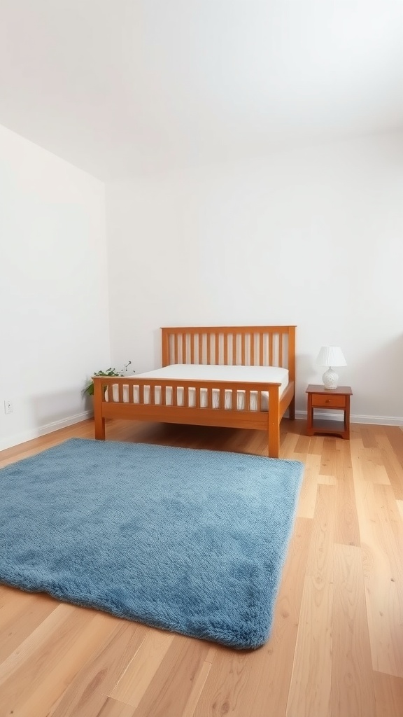 A soft blue area rug placed under a wooden bed in a bright bedroom.