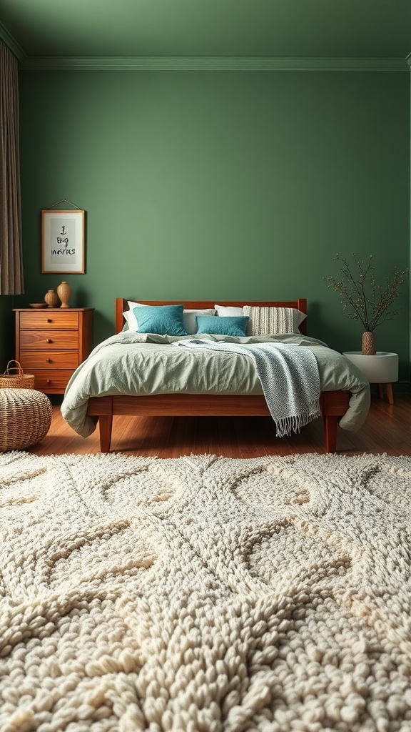 A cozy green bedroom with a textured rug, showcasing a wooden bed and decorative elements.