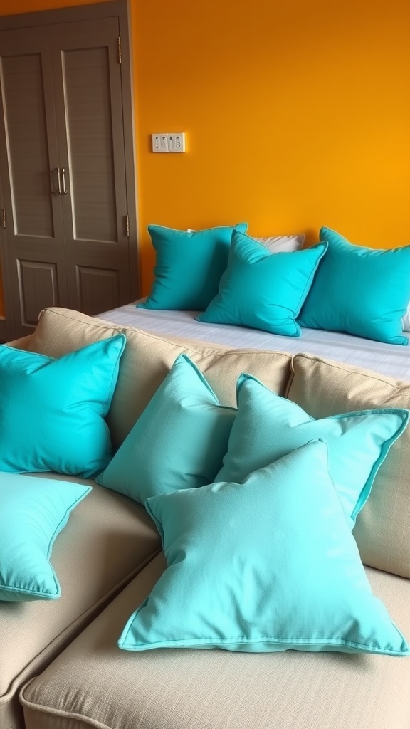 Cozy living space with turquoise throw pillows on a neutral sofa against an orange wall.