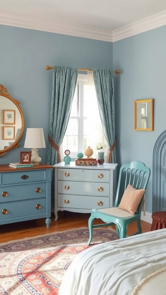A vintage blue furniture setup in a cozy bedroom, featuring a blue dresser, bedside table, and a patterned rug.