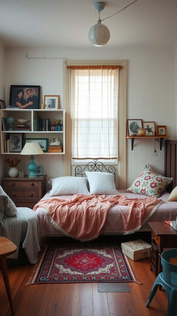 A cozy bedroom with vintage decor, showcasing a bed with a coral throw, framed photos, and a unique rug.