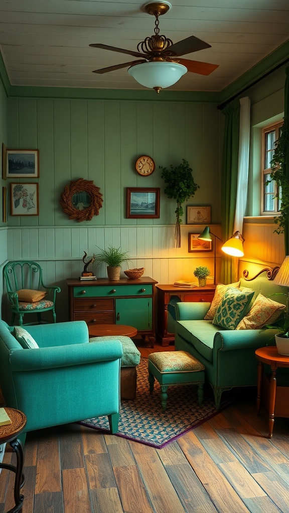 Cozy vintage living space featuring green furniture and decor