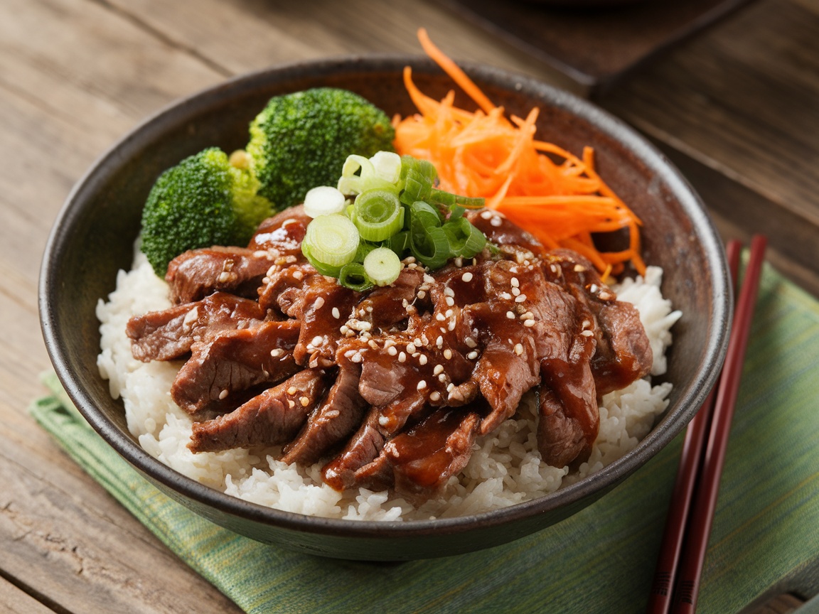 A colorful Korean beef bowl with marinated beef, rice, broccoli, and carrots, garnished with green onions and sesame seeds.