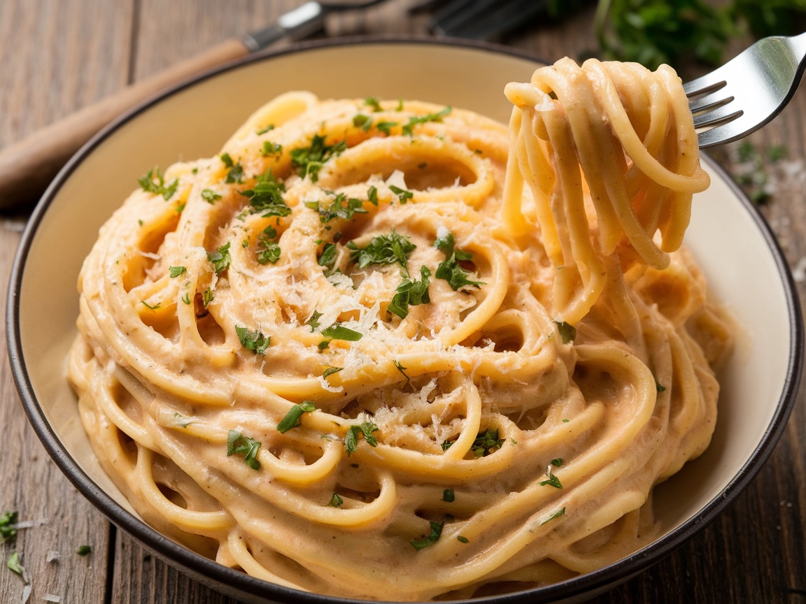 A bowl of creamy Garlic Parmesan Pasta garnished with parsley and Parmesan, served with a fork on a rustic table.