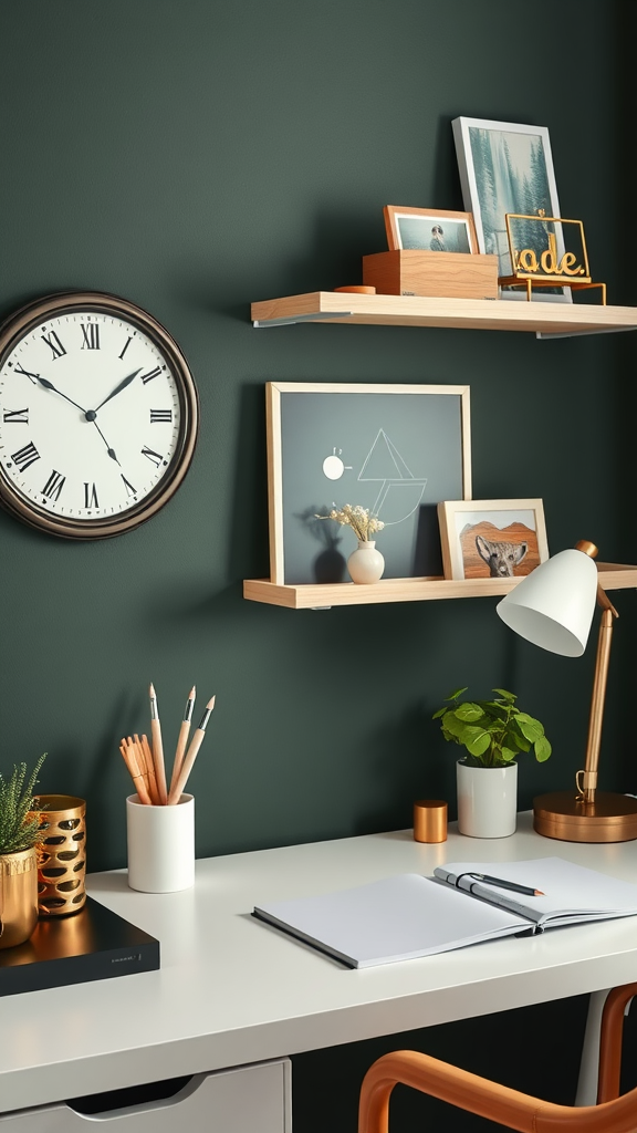 A stylish dark green home office featuring a white desk, shelves with decorative items, a clock, and a plant.