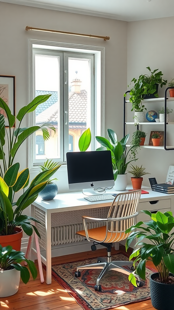 A bright home office with various indoor plants placed around a desk.