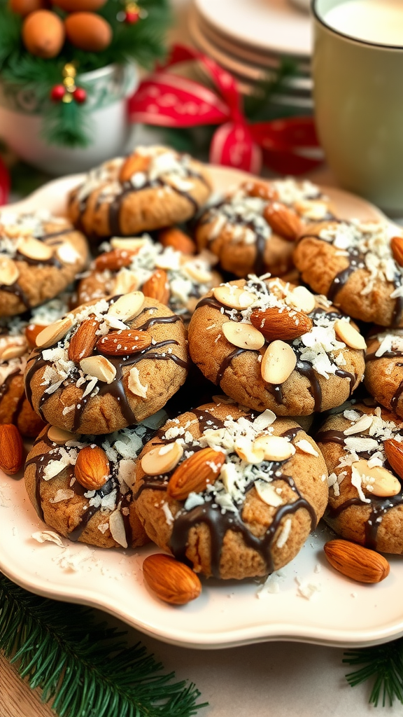 A plate of Almond Joy Cookies topped with chocolate, almonds, and coconut, surrounded by festive decorations.