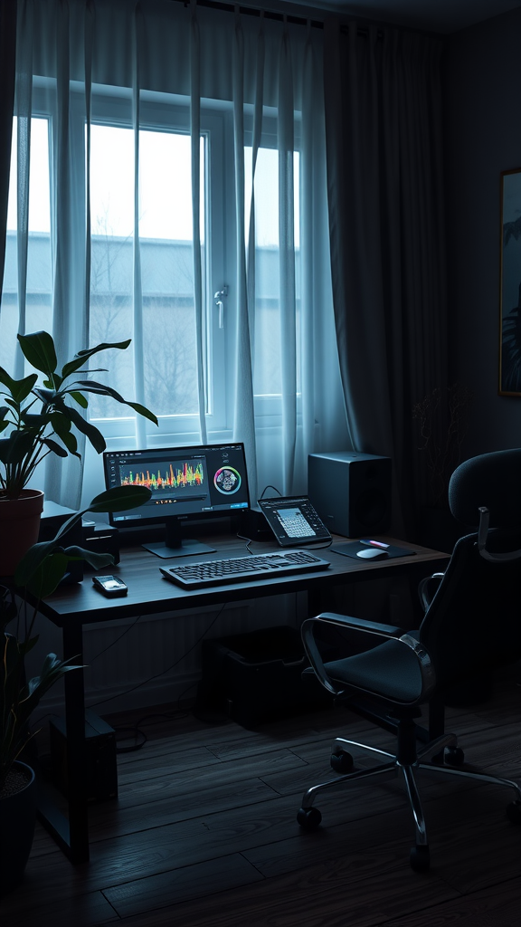 A cozy workspace with a computer displaying sound wave graphics, plants, and soft lighting.