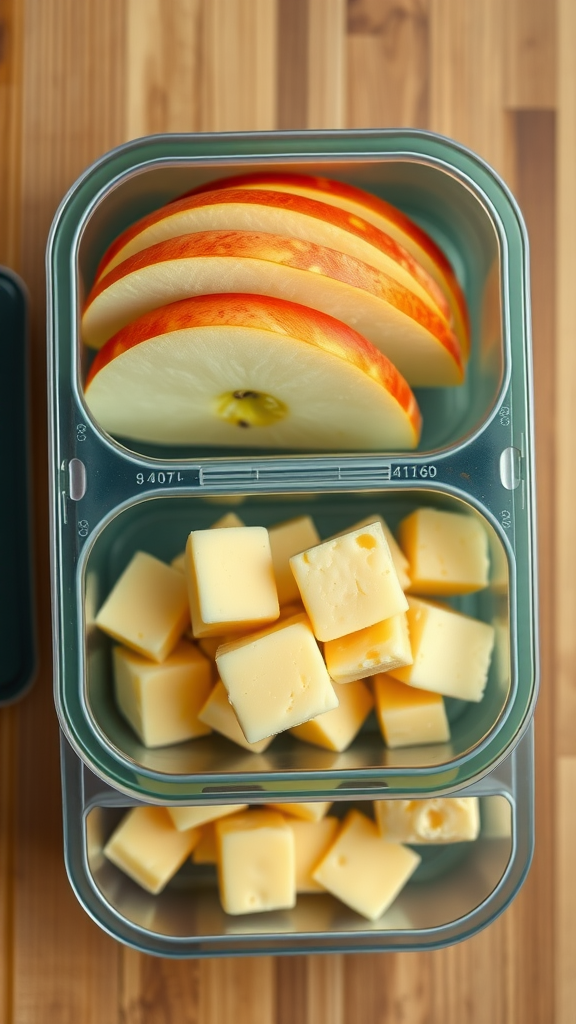 A container with apple slices on top and cheddar cheese cubes beneath.